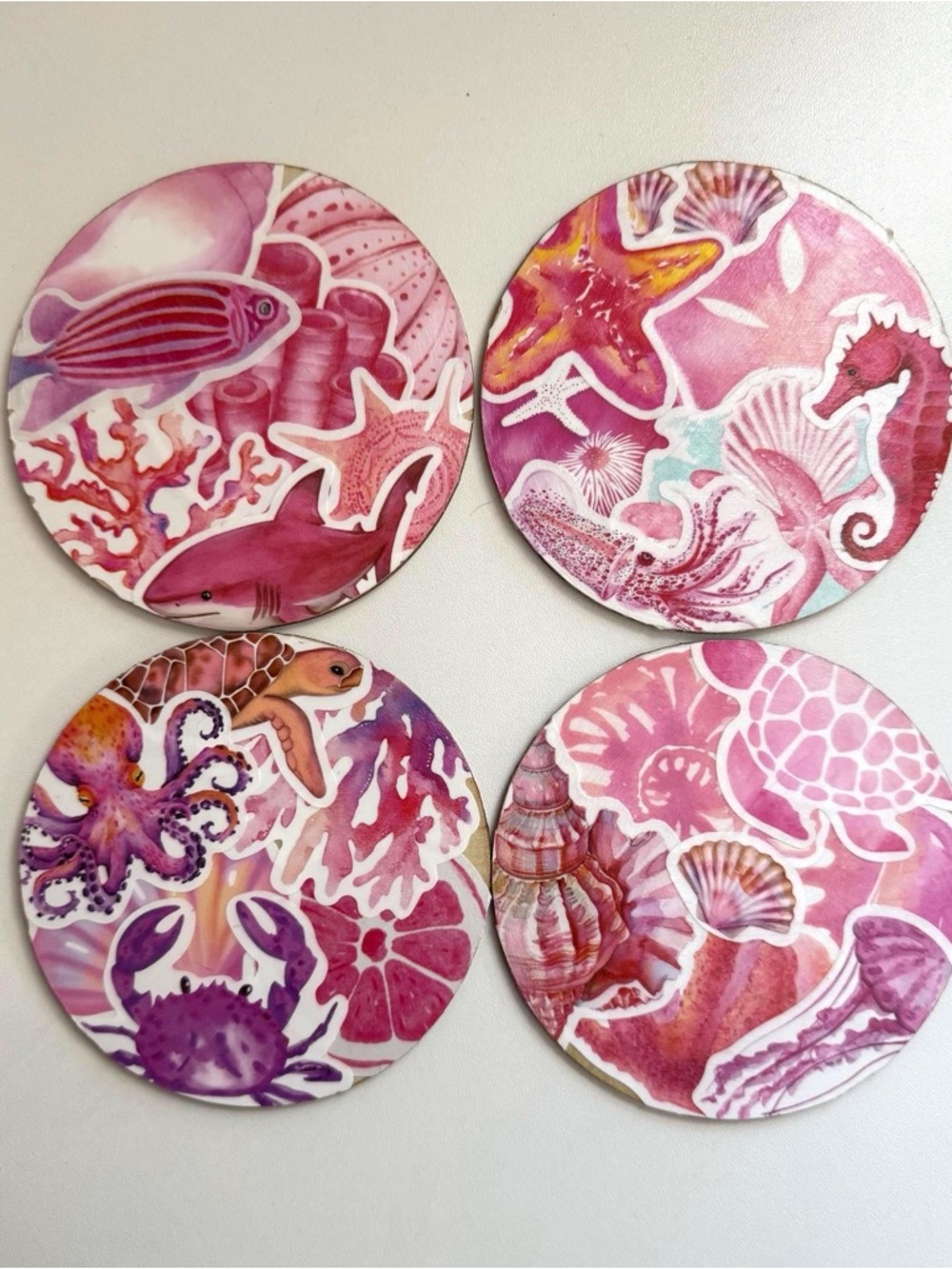 Hand Crafted Pink Ocean Life Wooden Coasters - Set of 4